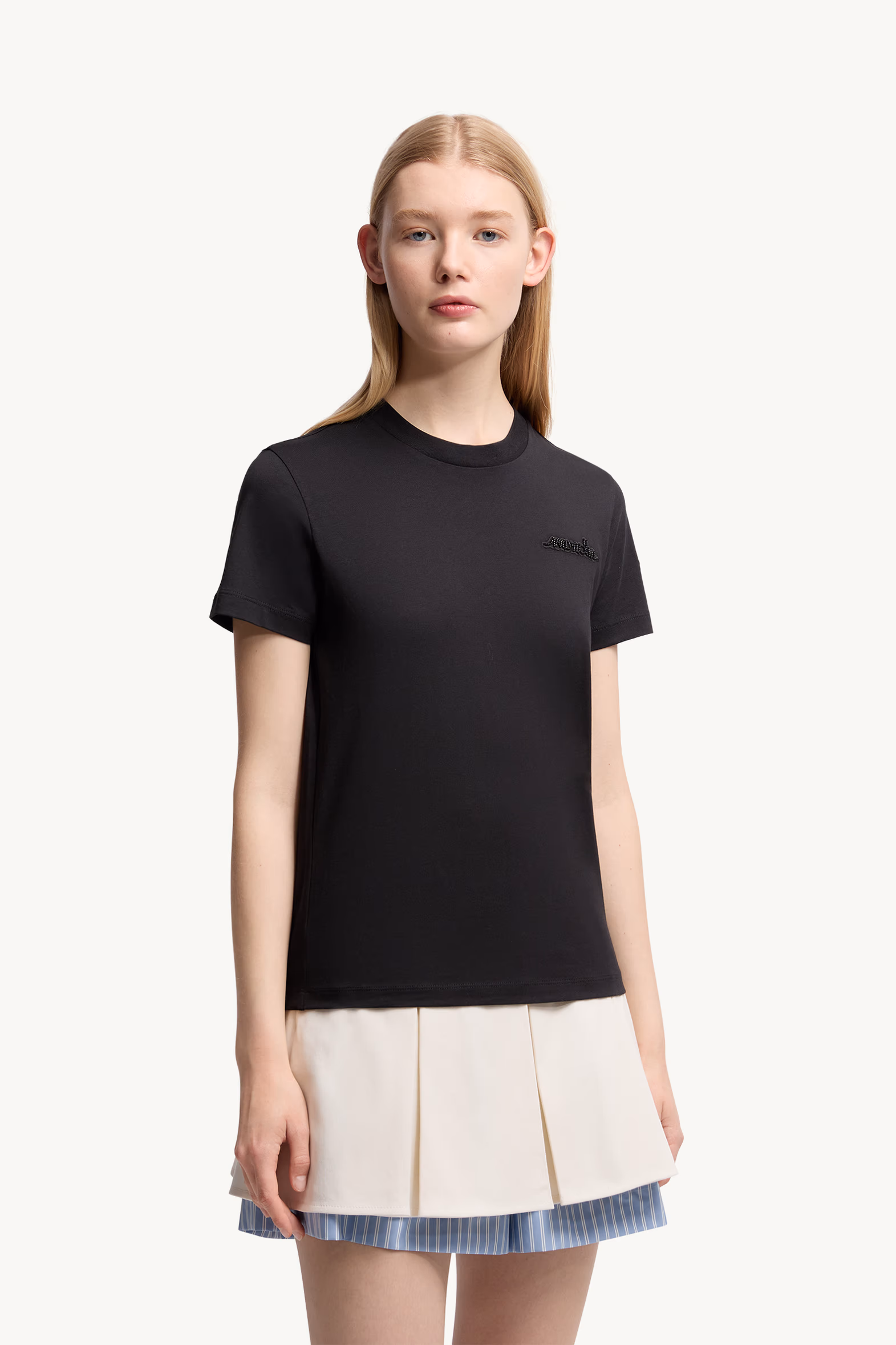 Beaded Logo Cotton T-Shirt Women Black Moncler 3